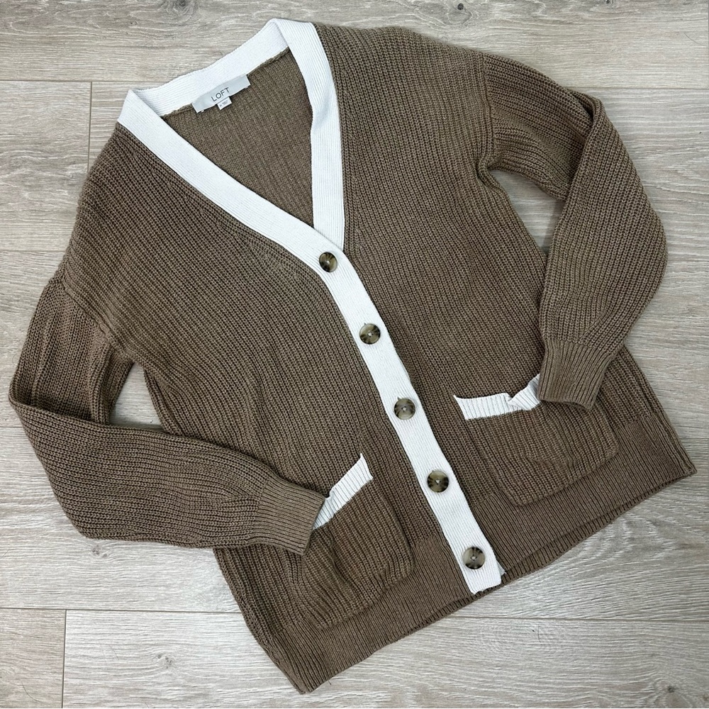 Loft Varsity Cardigan sweater women’s size M tan oversized drapey